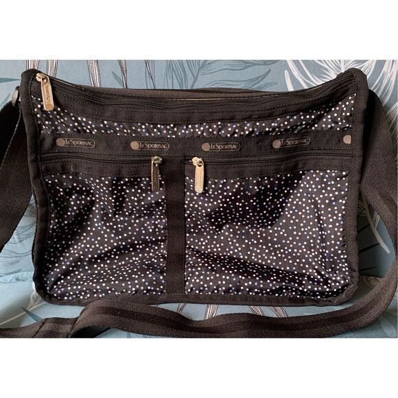 LeSportsac Deluxe Everyday black POLKA DOT EXPANDABLE Crossbody Shoulder Bag Pur - Picture 1 of 8